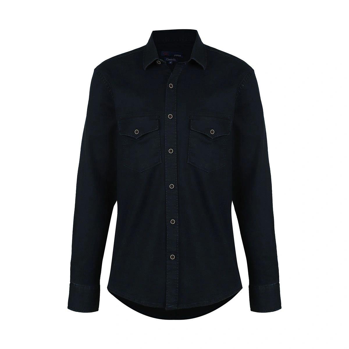 پیراهن کتان مردانه ضخیم دو جیب در دار از برند پاتن جامه. رنگ مشکی پارچه ضخیم. 