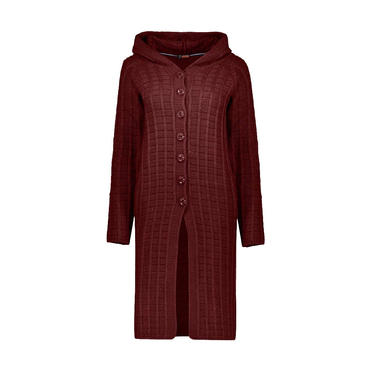 مانتو بافت کلاهدار زنانه تولید پاتن جامه می باشد - جنس پلی استر / اکریلیک - 7 دکمه / آستین بلند- قد 