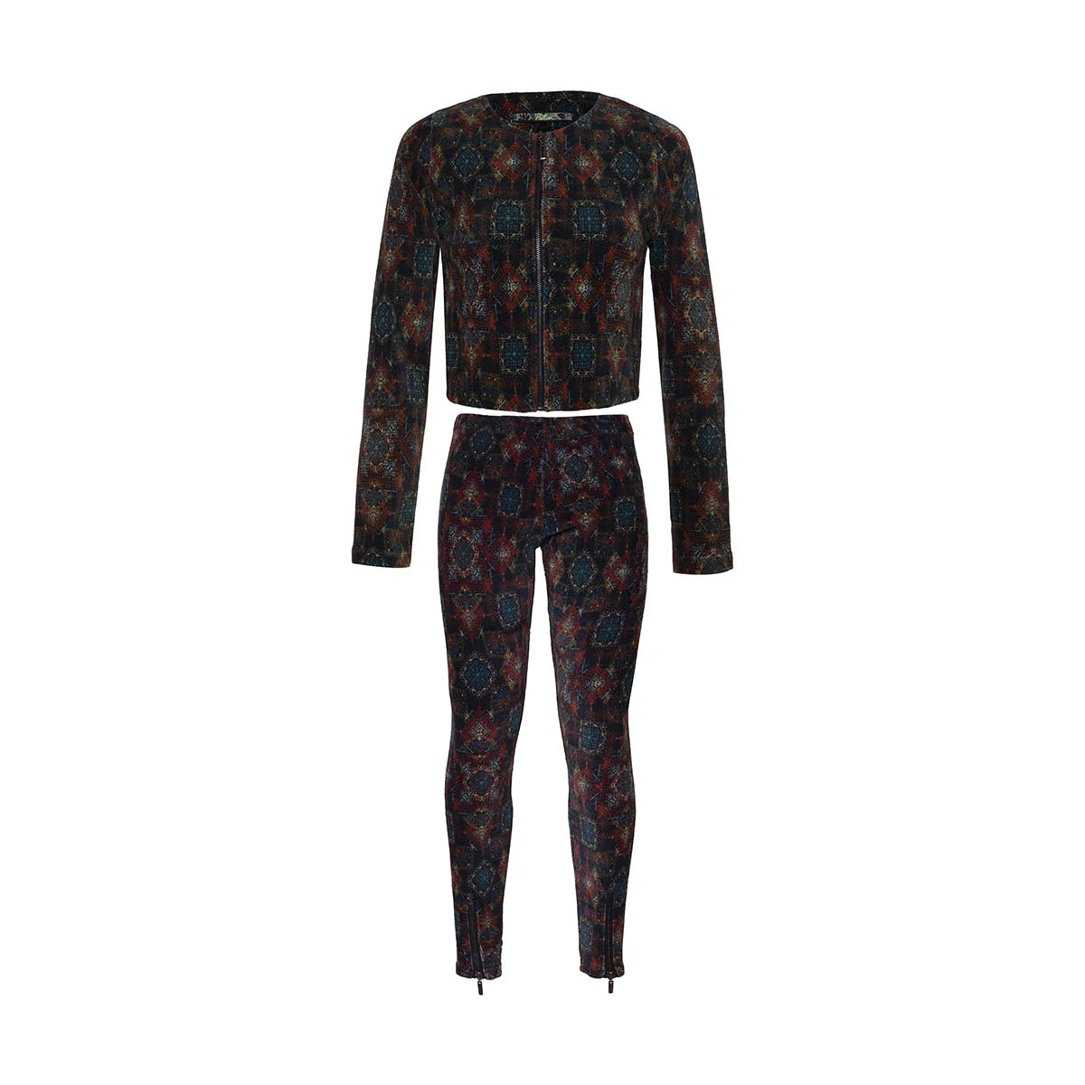 ست نیم تنه و شلوار زنانه طرح دار مشکی رنگ بلوز زیپ دار و شلوار زیپ دار ساخت ایران تولید پاتن جامه کی