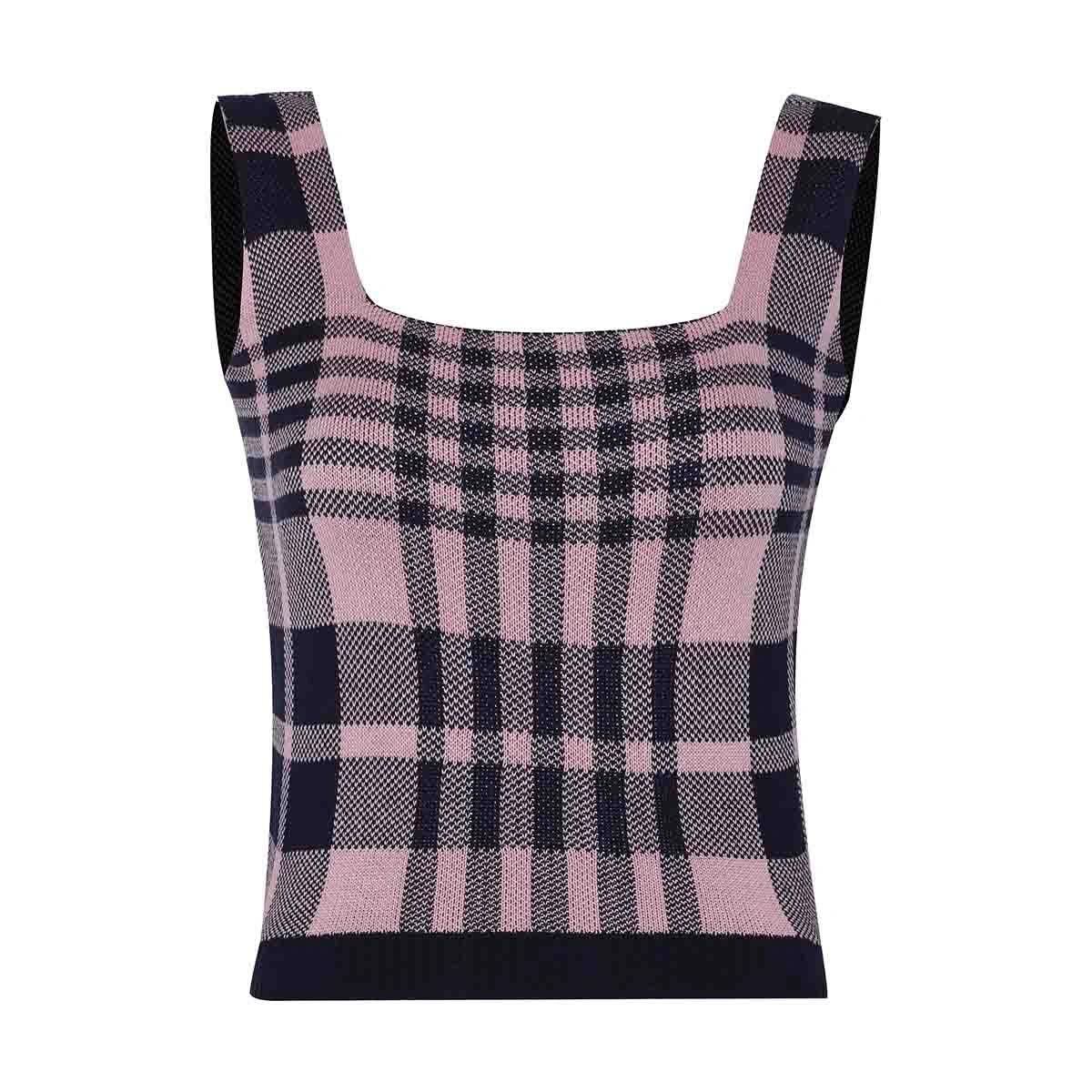 تاپ نیم تنه بافت زنانه - رنگ : صورتی / سرمه ای - یقه : خشتی - جنس : نخ / پلی استر - پایین کار کش باف