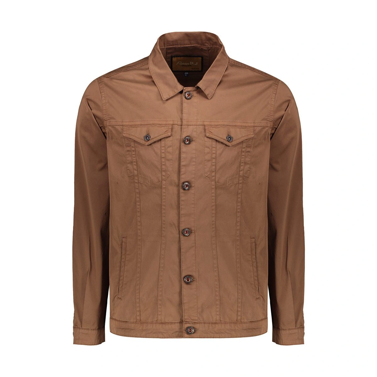 کاپشن کتان مردانه طرح لی - چهار جیب - به رنگ شکلاتی - یقه برگرگردان - تولید پاتن جامه می باشد - مناس