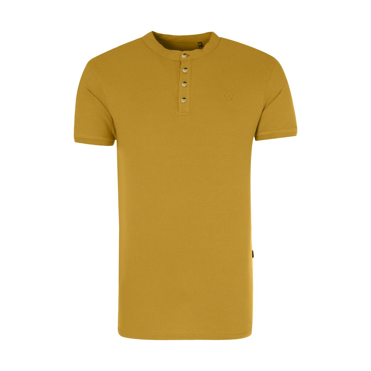 تیشرت مردانه - آستین کوتاه _ یقه فرنچ _رنگ خردلی - قد تا کمر - جنس جودون/ پنبه - پنبه / لاکرا تو