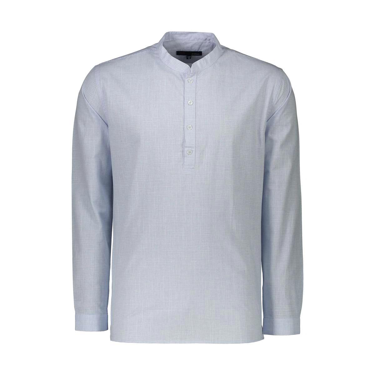 پیراهن آستین بلند مردانه یقه فرنچ طرح چهار خانه ریز رنگ آبی روشن از برند پاتن جامه