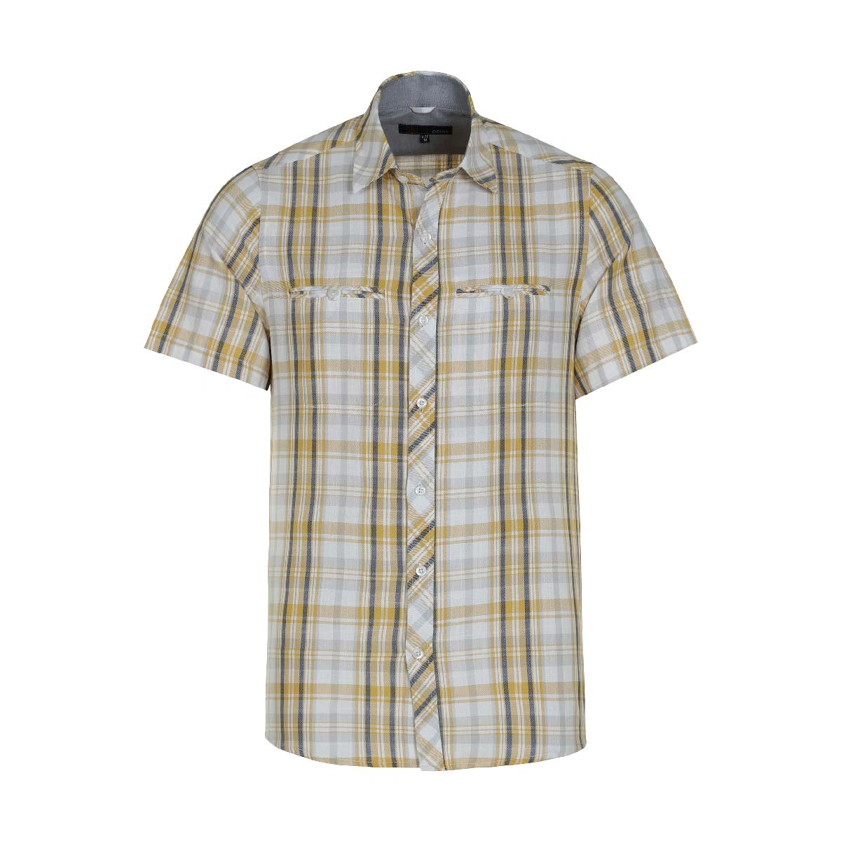 پیراهن آستین کوتاه مردانه طرح چهار خانه رنگ زرد و سفید دارای دو جیب دکمه دار. 