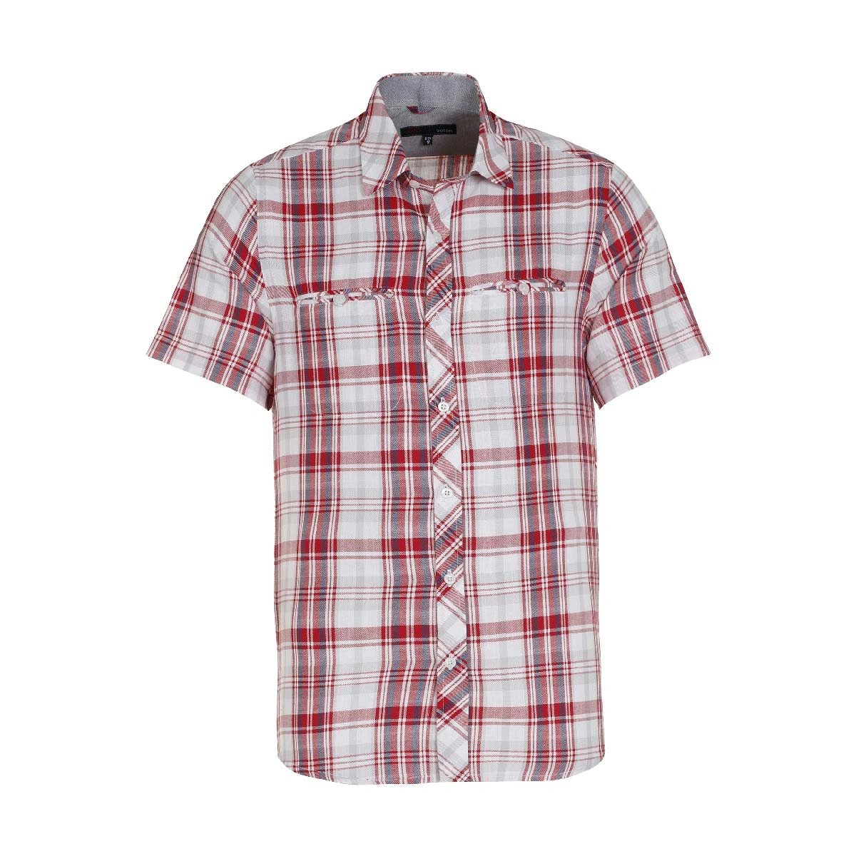 پیراهن آستین کوتاه مردانه طرح چهار خانه رنگ قرمز و سفید دارای دو جیب دکمه دار. 