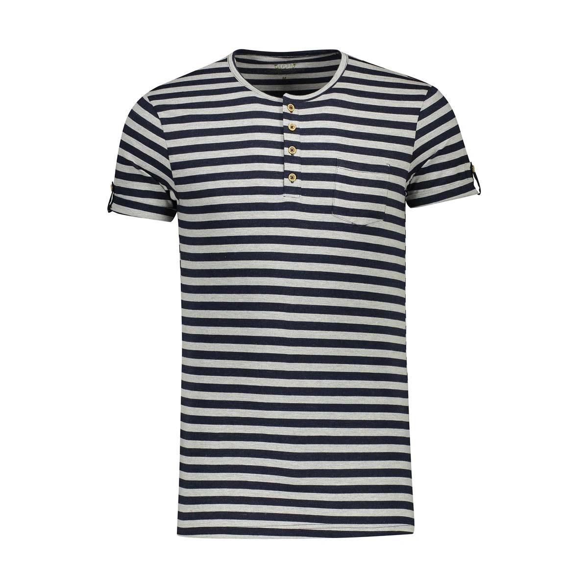 تیشرت آستین کوتاه مردانه - بافت پارچه : رینگر ( راه راه ) - یقه گرد - سه دکمه - جنس : صد در صد پنبه 