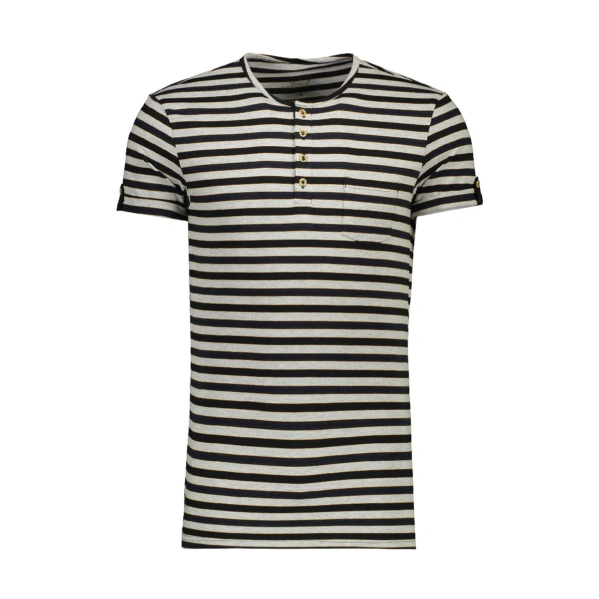 تیشرت آستین کوتاه مردانه - بافت پارچه : رینگر ( راه راه ) - یقه گرد - سه دکمه - جنس : صد در صد پنبه 