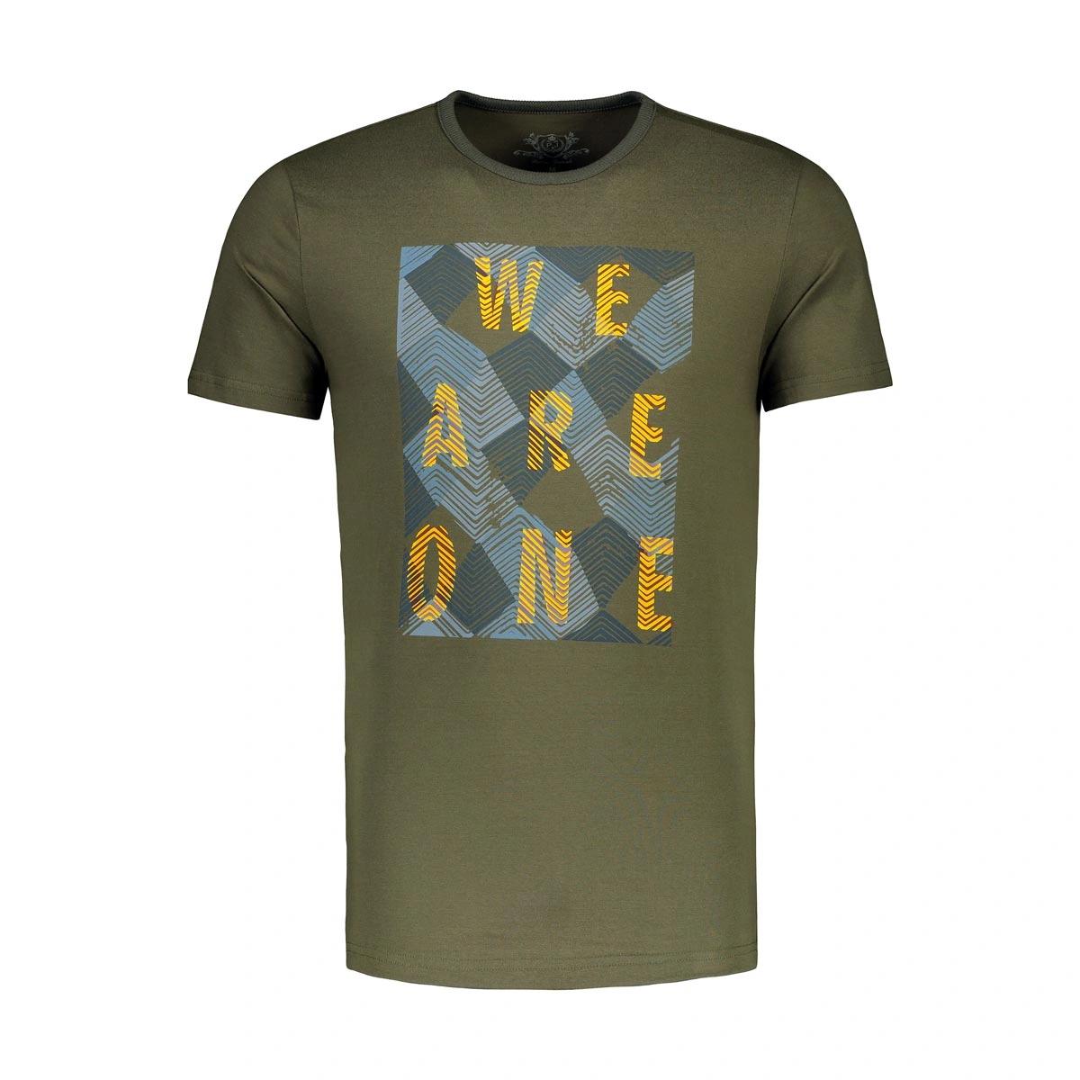 تیشرت آستین کوتاه چاپدار سبز تیره پاتن جامه. تی شرت یقه گرد آستین کوتاه.