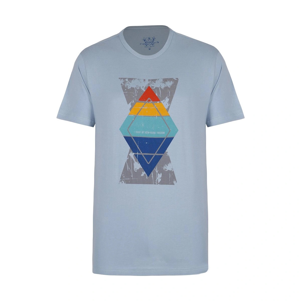 تیشرت آستین کوتاه چاپدار آبی روشن پاتن جامه. تی شرت یقه گرد آستین کوتاه.