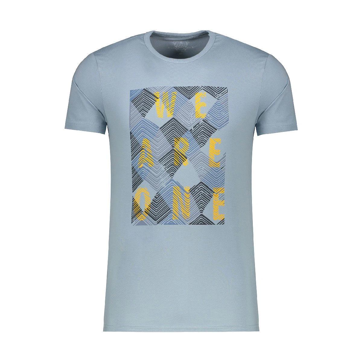 تیشرت آستین کوتاه چاپدار آبی روشن پاتن جامه. تی شرت یقه گرد آستین کوتاه.