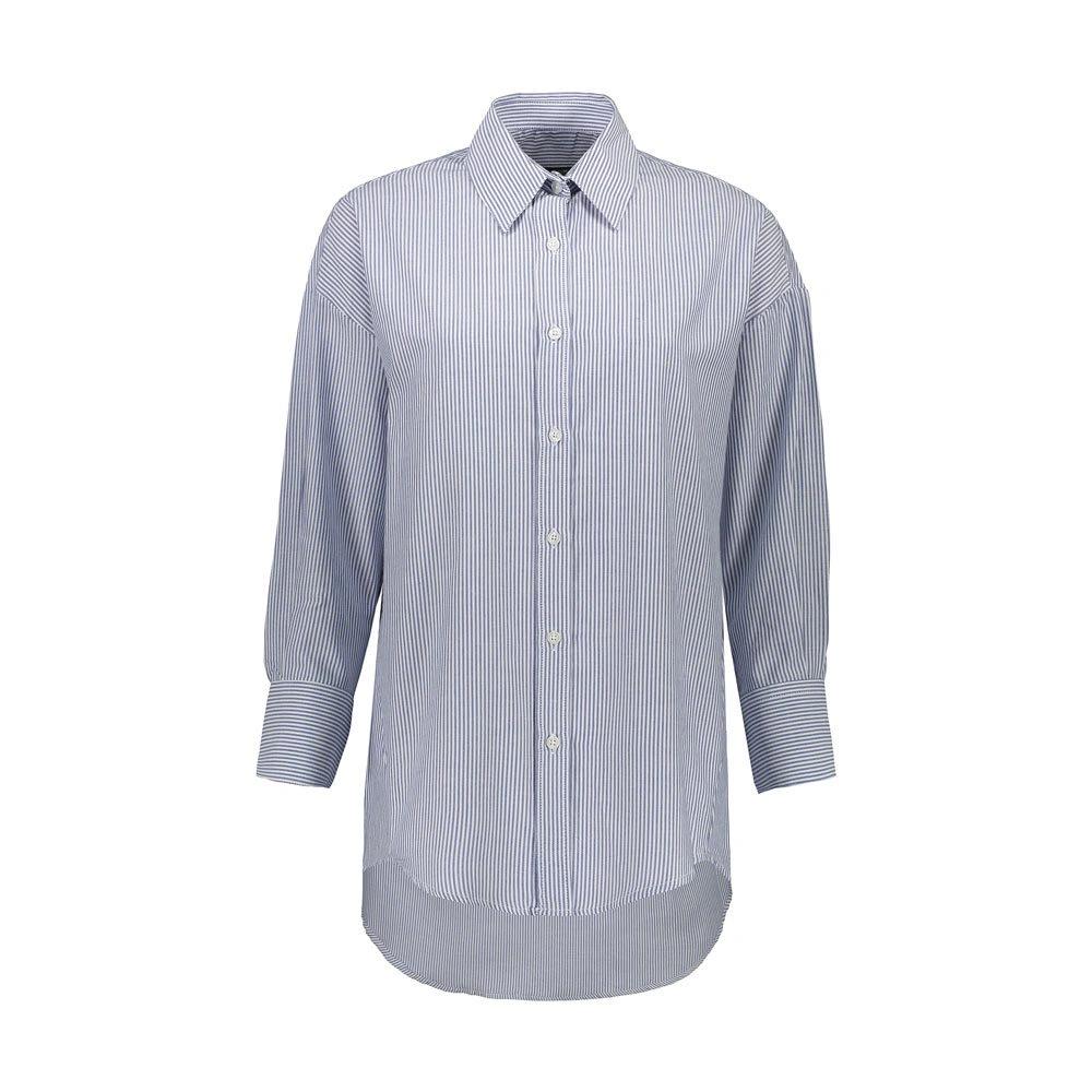 شومیز پیراهن زنانه برند پاتن جامه / جنس پارچه صد در صد پنه (نخی ) / طرح راه راه ریز آبی تیره - سفید 