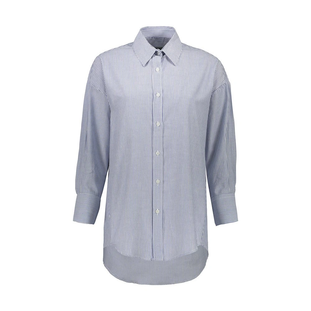 شومیز پیراهن زنانه برند پاتن جامه / جنس پارچه صد در صد پنه (نخی ) / طرح راه راه ریز آبی تیره - سفید 