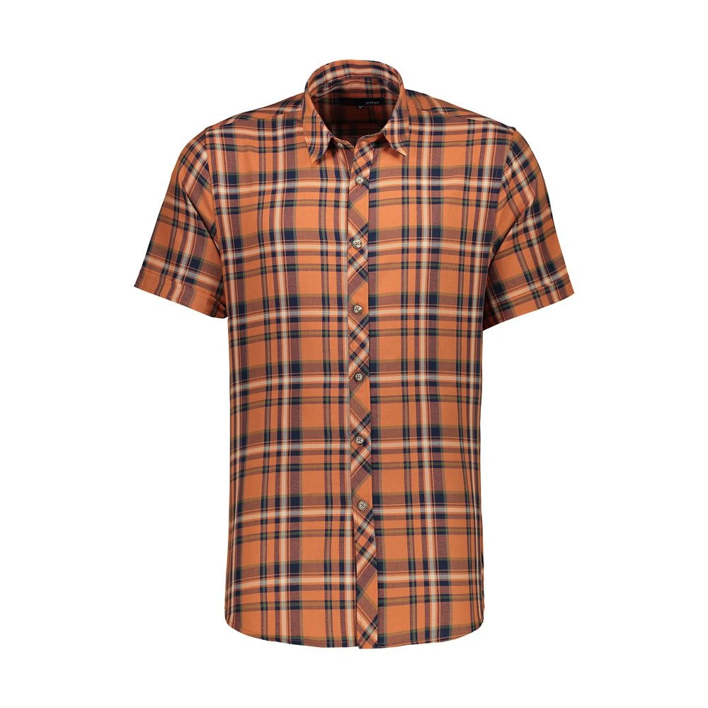 پیراهن آستین کوتاه مردانه مدل regular یقه برگردان طرح چهارخانه رنگ نارنجی. 