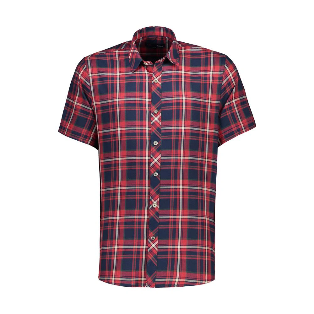 پیراهن آستین کوتاه مردانه مدل regular یقه برگردان طرح چهارخانه رنگ قرمز و سرمه ای. 