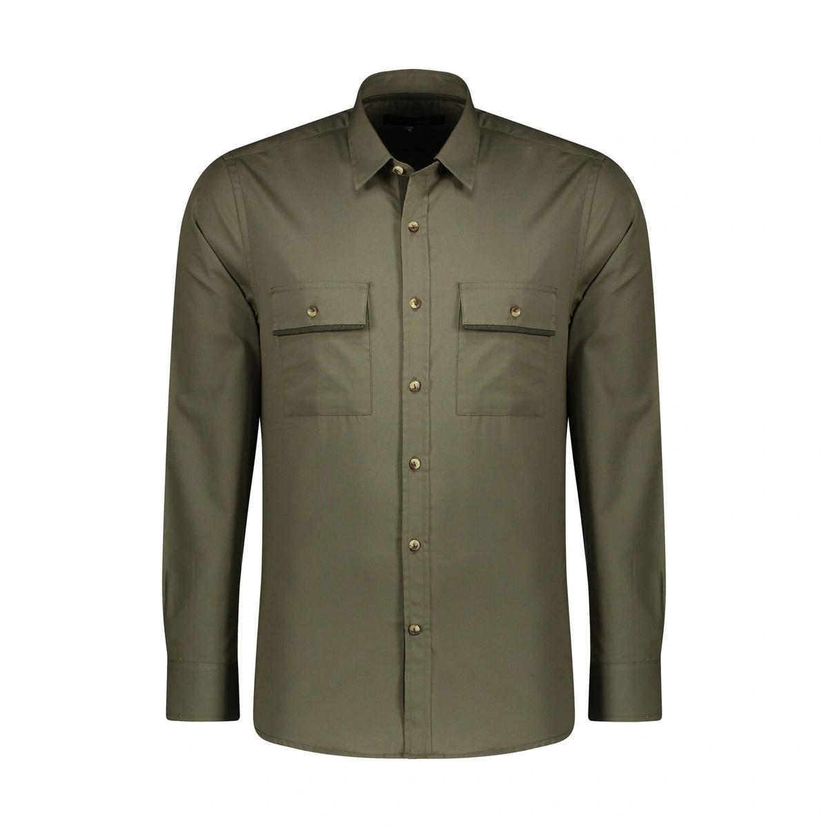 پیراهن آستین بلند مردانه رنگ سبز تیره / استایل رگولار (معمولی) - جنس تترون 65 درصد پنبه - 35 درصد پل