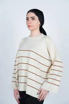 بافت یقه گرد راه راه آستین بلند زنانه 