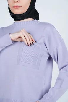 بافت یقه گرد آستین بلند جیب دار زنانه 