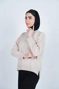 بافت یقه گرد آستین بلند جیب دار زنانه 