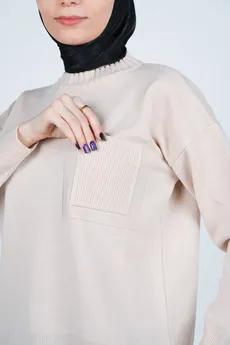 بافت یقه گرد آستین بلند جیب دار زنانه 