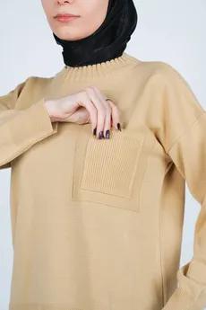 بافت یقه گرد آستین بلند جیب دار زنانه 