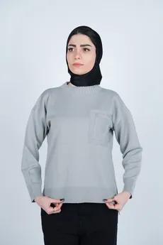 بافت یقه گرد آستین بلند جیب دار زنانه 