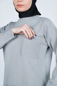 بافت یقه گرد آستین بلند جیب دار زنانه 