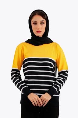 بافت یقه گرد زنانه طرح راه راه ترکیب رنگ مشکی و سفید با دیگر رنگ ها ، بلوز بافت زنانه با ارسال رایگا