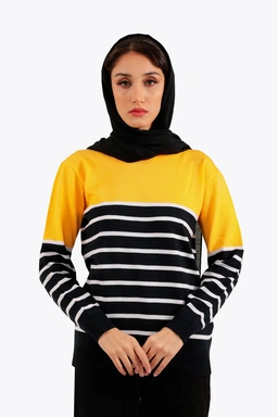 بافت یقه گرد زنانه طرح راه راه ترکیب رنگ مشکی و سفید با دیگر رنگ ها ، بلوز بافت زنانه با ارسال رایگا