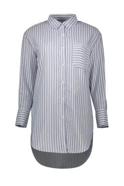 شومیز بلند زنانه تولید برند پاتن جامه ، شومیز طرح راه راه یقه برگردان دارای تک جیب قد تا بالای زانو 