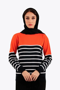 بافت یقه گرد زنانه طرح راه راه ترکیب رنگ مشکی و سفید با دیگر رنگ ها ، بلوز بافت زنانه با ارسال رایگا