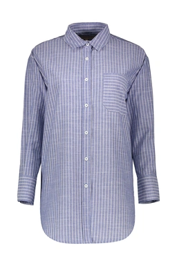 شومیز بلند زنانه تولید برند پاتن جامه ، شومیز طرح راه راه یقه برگردان دارای تک جیب قد تا بالای زانو 