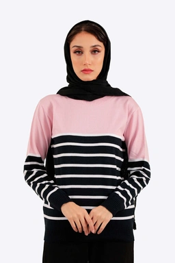 بافت یقه گرد زنانه طرح راه راه ترکیب رنگ مشکی و سفید با دیگر رنگ ها ، بلوز بافت زنانه با ارسال رایگا