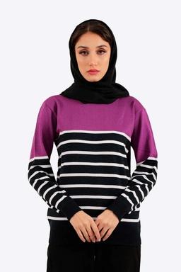 بافت یقه گرد زنانه طرح راه راه ترکیب رنگ مشکی و سفید با دیگر رنگ ها ، بلوز بافت زنانه با ارسال رایگا