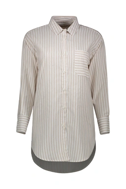 شومیز بلند زنانه تولید برند پاتن جامه ، شومیز طرح راه راه یقه برگردان دارای تک جیب قد تا بالای زانو 