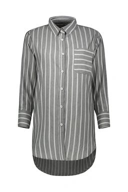 شومیز بلند زنانه تولید برند پاتن جامه ، شومیز طرح راه راه یقه برگردان دارای تک جیب قد تا بالای زانو 