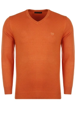 بافت یقه هفت نارنجی رنگ مردانه ، تولید از برند پاتن جامه ، پلیور گرم مردانه مناسب فصول سرد.