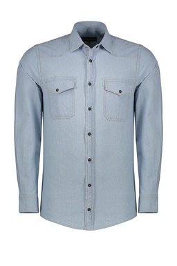 خرید پیراهن جین مردانه آستین بلند ، پیراهن دو جیب رگولار مردانه از برند پاتن جامه. 