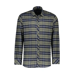 پیراهن پشمی آستین بلند مردانه چهارخانه سبز تیره و سفید تولید پاتن جامه می باشد. جنس پارچه صد در صد پ