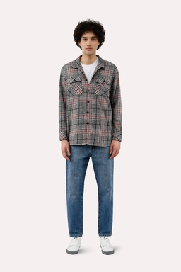 پیراهن آستین بلند مردانه پشمی طوسی و صورتی طرح چهارخانه . دو جیب دردار