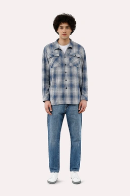 پیراهن آستین بلند مردانه پشمی طرح چهارخانه رنگ طوسی آبی. دو جیب دردار