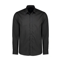 خرید پیراهن تترون آستین بلند مردانه رنگ مشکی تولید پاتن جامه می باشد. پیراهن قواره دار بوده جنس پارچ