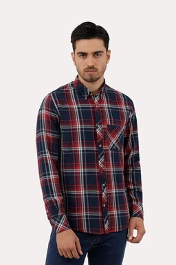 خرید پیراهن آستین بلند مردانه چهارخانه نخی از برند پاتن جامه. قیمت پیراهن نخی پاتن جامه طرح چهارخانه