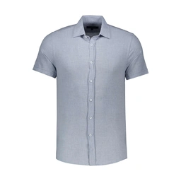 پیراهن آستین کوتاه رنگ آبی مردانه. پیراهن یقه برگردان پاتن جامه بدون جیب. 