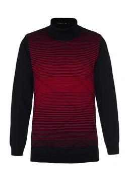 پلیور بافت مردانه یقه اسکی از برند پاتن جامه طرح دار ترکیب رنگ های قرمز و سرمه ای.