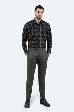 خرید پیراهن آستین بلند مردانه ، طرح چهارخانه ، پیراهن رگولار رنگ مشکی طوسی ، خرید آسان با ارسال رایگ