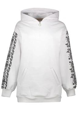 هودی زنانه ، رنگ سفید دارای چاپ روی قسمت آستین ، زیپدار در قسمت یقه ، نسبتاً ضخیم. 