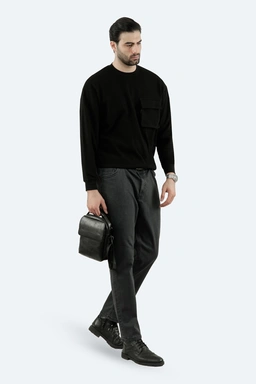 تیشرت ژاکارد آستین بلند مردانه رنگ مشکی طرح مستطیل، تی شرت یقه گرد آستین دار پاییزه زمستان گرم.