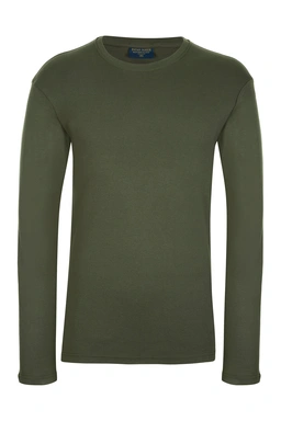 تیشرت آستین بلند مردانه یقه گرد رنگ سبز تیره استایل معمولی ، تیشرت ضخیم پاییزه زمستانه