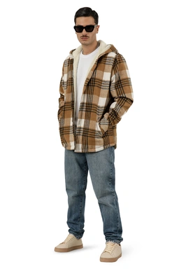 کاپشن کلاهدار پشمی مردانه طرح چهارخانه کرم روشن ، مدل آزاد ارسال رایگان و سریع.