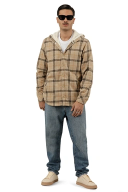 کاپشن کلاهدار پشمی مردانه طرح چهارخانه کرم تیره ، مدل آزاد ارسال رایگان و سریع.